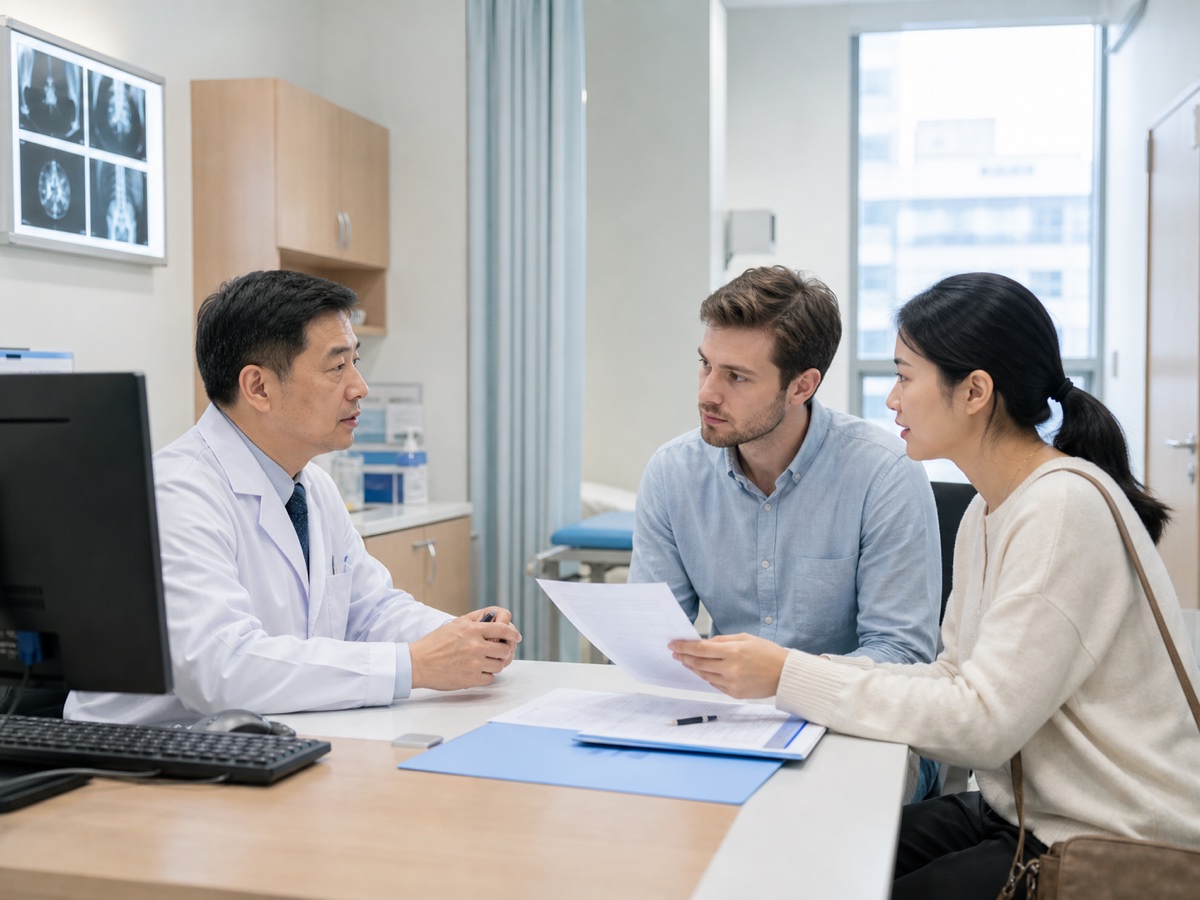 Chinese physician consulting with an international patient and guide in an outpatient room