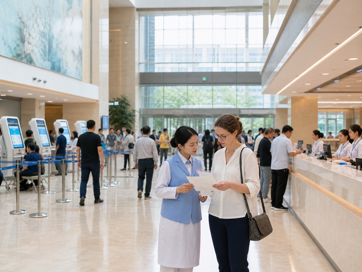 Modern Chinese public hospital outpatient lobby with registration counters and self-service kiosks