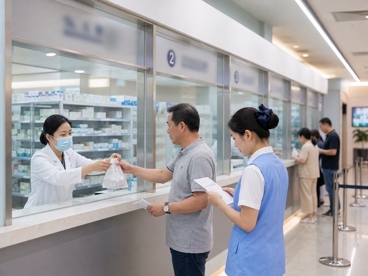 Chinese public hospital pharmacy window where a patient receives medicine
