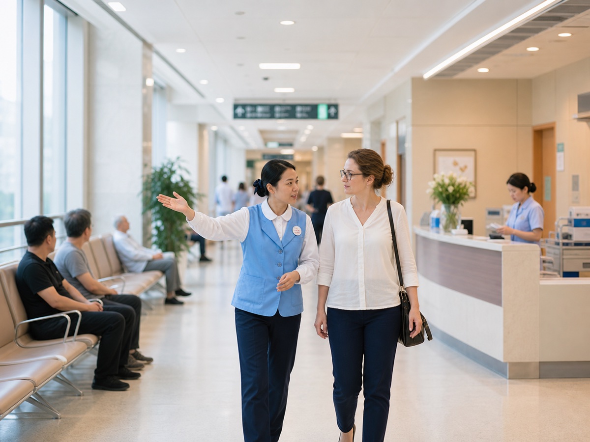 Hospital guide helping an international patient navigate a Chinese outpatient corridor